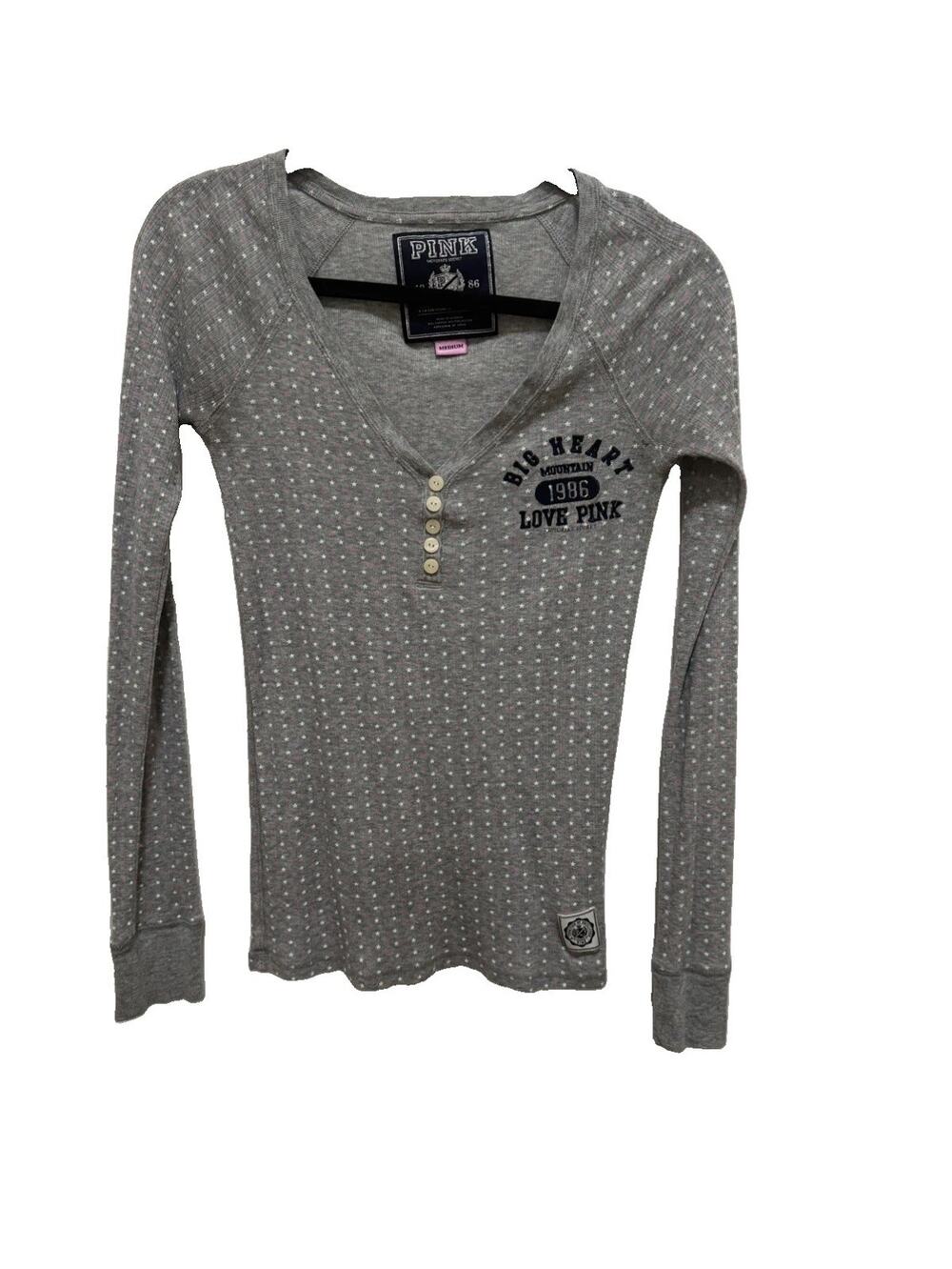 VTG 2008 Y2K Victoria's Secret PINK Big Heart 1986 Waffle Knit Henley Gray M